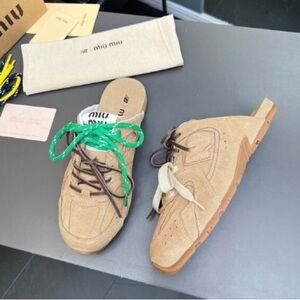 Miu Miu Tan Suede Mules with Green and Brown Laces